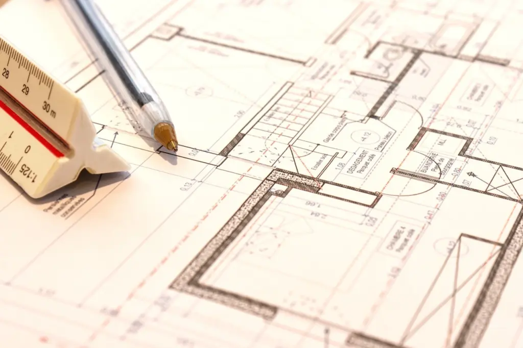 Architektenzeichnung mit Lineal und Stift