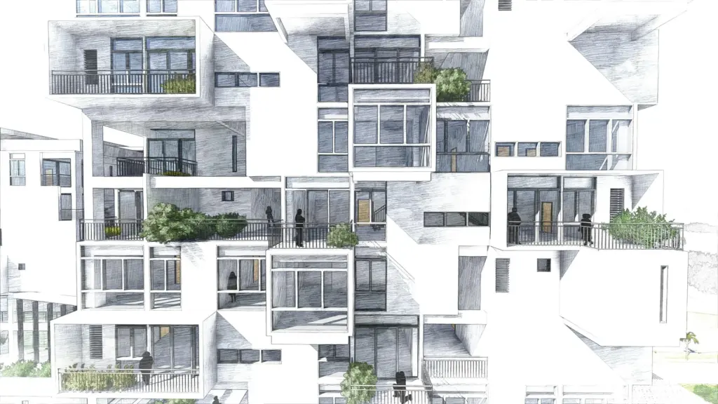 Moderne, kubistische Wohnarchitektur mit versetzten Balkonen und großen Glasflächen, teils begrünt.
